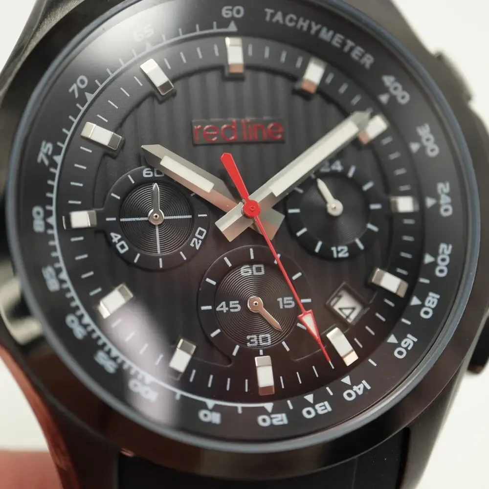 Redline Mens Chronograph Black Red Date 47mm Watch Silicone Strap w New Battery